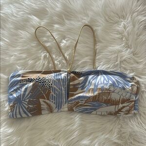Aerie Bandeau Tropical Print Bikini Top Blue Cream and Gold Size Large